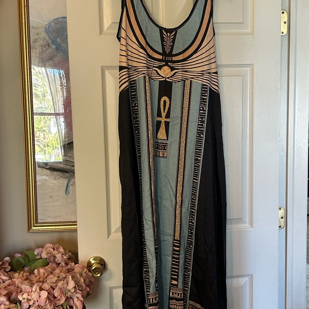 Egyptian-Inspired Black and Teal Maxi Dress